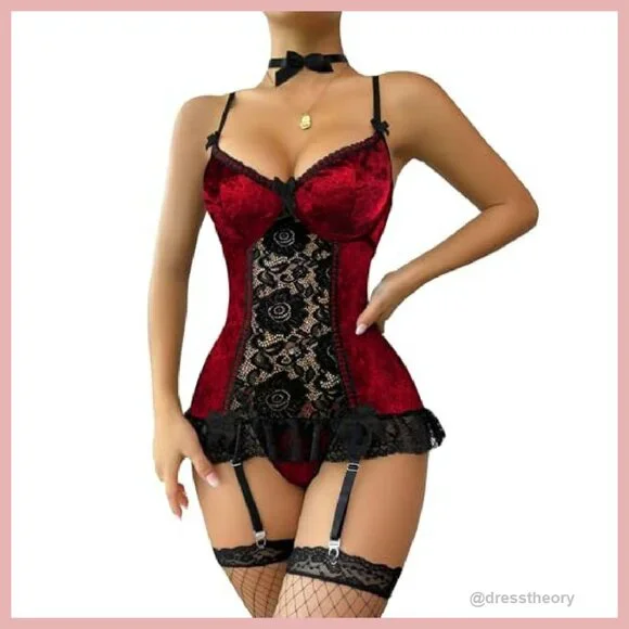 Sexy Lace Babydoll Corset Teddy Lingerie Set with Garter Belt - Picture 2 of 8